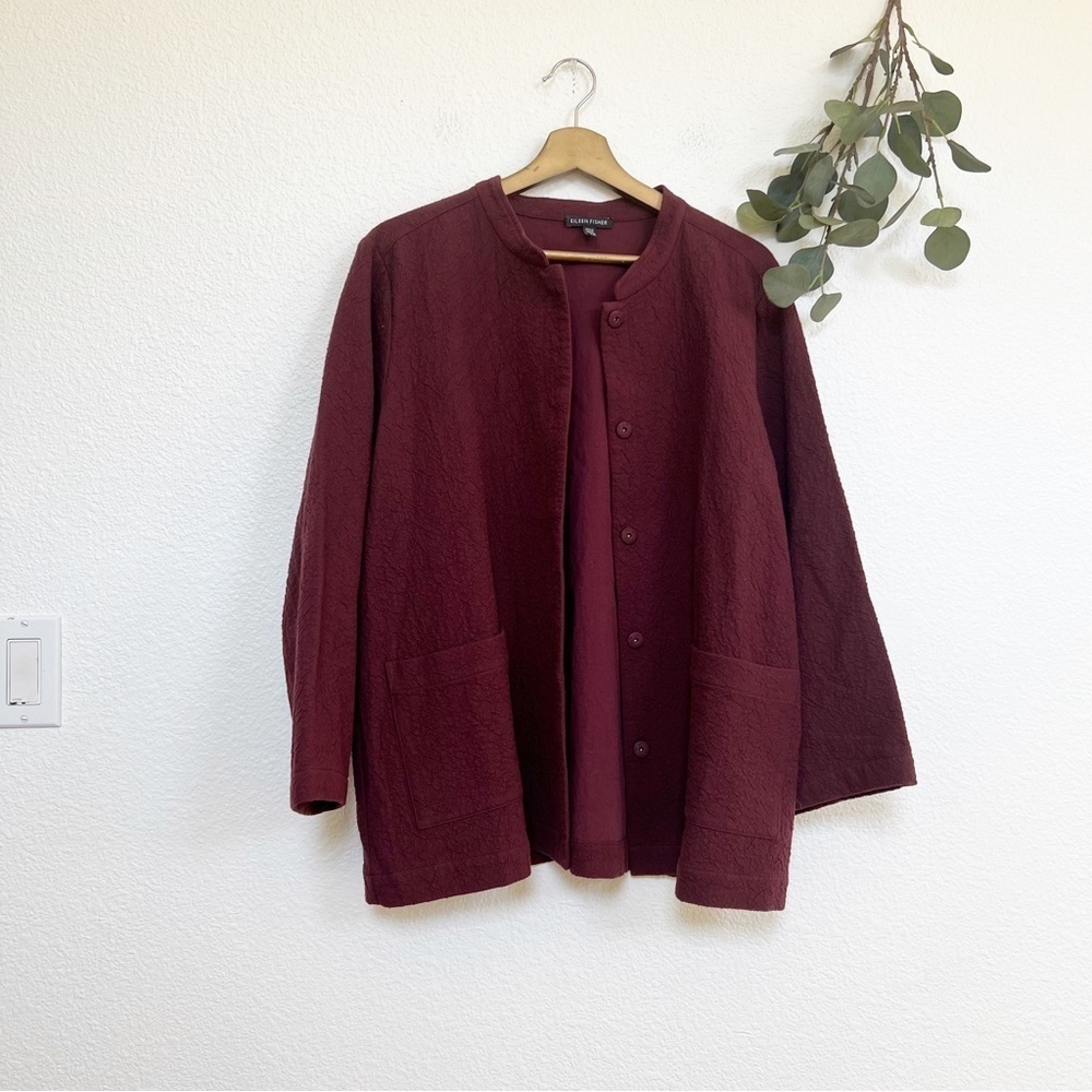 Eileen Fisher- Textured Organic Cotton Burgundy/Maroon Button Down Jacke…